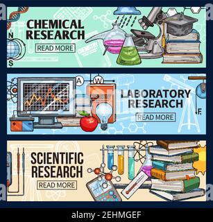 Wissenschaft Forschung, Laborgeräte Vektor Skizze. Biologie und Chemie Experimente und Tests, Genetik DNA-Molekül, Wissenschaftler Hut und Bechergläser wi Stock Vektor