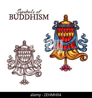 Buddhismus religiöser Vektor Sieg Banner. Skizze Ikone von Dhvaja oder Dhwaja Flagge als acht glücksverheißende Symbol und buddhistische Mönche Anbetung, traditionelle ritu Stock Vektor
