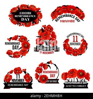 Remembrance Day rote Mohnblütenkranz-Ikone mit schwarzem Gedenkband. Kriegsjäger und Veteran Memory Day Design mit britischer Legion Mohn Flo Stock Vektor