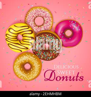 Köstliche süße Donuts mit Streuseln und bunten Toppings auf rosa Hintergrund realistische Vektordarstellung Stock Vektor
