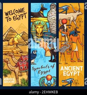 Ägypten reisen Wahrzeichen und alte Religion Kultur. Vektor-Skizze Ägyptische Cheops pharao Pyramide, Kamel, Sphinx oder Tutanchamen Mama und Nofretete p Stock Vektor