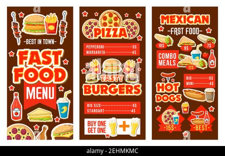 Fast-Food-Café Banner mit Burgern und Hamburgern, Hot Dog oder Sandwich und Pizza, pommes frites, Huhn und Grill, Burrito und Soda, Ketchup und Mus Stock Vektor