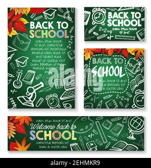 Willkommen Zurück zur Schule Kreide grüne Tafel Plakate Design-Vorlage von Schultasche und Unterricht Bildung Briefpapier. Vektor Schulbuch oder Notizbuch ein Stock Vektor