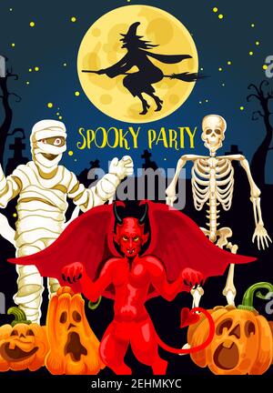 Halloween Horror Nacht Party Banner für oktober Feiertagsfeier. Gruseliges Skelett, fliegende Hexe und Mumie, Teufelsdämon, Kürbislaterne, Mond und c Stock Vektor
