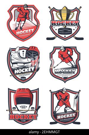 Eishockey-Meisterschaft, College League Cup und Sportspiel Club Abzeichen. Vektor-Symbole von Eishockey-Spieler oder Torwart mit Stick, Puck oder Schlittschuhe und tro Stock Vektor