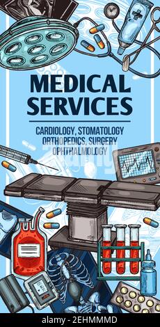 Medizinisches Zentrum Dienstleistungen Skizze Poster, Klinik und Krankenhaus Thema. Vektor-Design von Kardiologie, Zahnmedizin oder Orthopädie und Augenheilkunde Chirurgie medi Stock Vektor