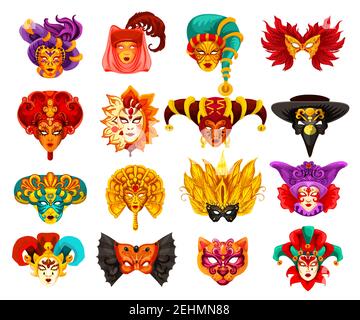 Venezianische Karnevalsmasken, traditionelles Maskenfest in Venedig. Vektor-Masken von Tier oder Vogel und Geheimnis menschlichen Gesicht mit Schleier, Federn oder Harlequi Stock Vektor