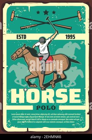 Pferderennen oder Polo-Spiel Retro-Poster mit Reiter und Tier im Sattel. Mustang läuft, um Vektor-Design für Sportverein zu gewinnen, vintage Wettbewerb Ansager Stock Vektor