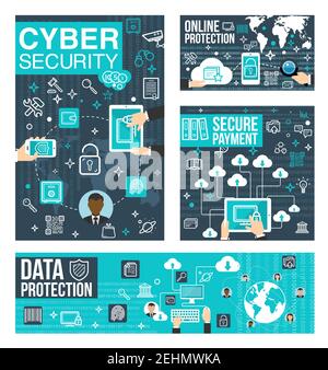 Schutz von Cyber-Daten und sichere Bezahlung. Online-Antivirus-Programme und sichere Internet-Infografik Elemente mit Umriss Symbole der modernen Geräte und ga Stock Vektor