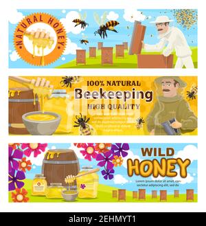 Imkerei, Imkerei und Imker im Schutzanzug. Mann mit Wabenwabe, der Honig vom Bienenstock zum Glas oder zum Fass mit Bienen-Schwarm nimmt, der auf Be herumfliegt Stock Vektor