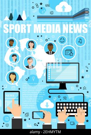 Sport Media News. Internet-Info-Dienste mit Computer und Tablet, Smartphone und Menschen Avatar Profile umreißen Symbole. Tastatur und Touchscr Stock Vektor
