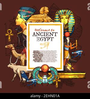 Alte Ägypten Reise, Geschichte und Kultur Poster, touristische Urlaub Dienstleistungen, Architektur Wahrzeichen und Pharao Statuen, Sphinx und luxor Schätze, c Stock Vektor