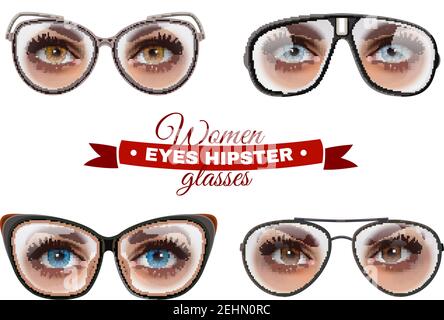 Frauen Augen Hipster Brille Kollektion Hintergrund mit dekorativen Text und Isolierte Bilder von weiblichen Augen in Brillen Vektor-Illustration Stock Vektor