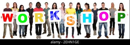 Workshop Training Bildung Lernen Seminar Coaching Business Concept Group of Junge multiethnische Menschen isoliert auf weiß Stockfoto