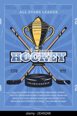 Hockey Sport Spiel Retro Poster. Stöcke und Puck, goldene Trophäe. Vector Turnierankündigung für Team-Meisterschaft oder Profis. Gekreuzte Stöcke Stock Vektor