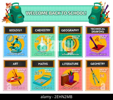 Schulfächer Karte für zurück zur Schule und Bildung Poster Vorlage. Geographie, Biologie, Chemie, Physik, Mathematik, Kunst, Geometrie und Literatur Verbot Stock Vektor