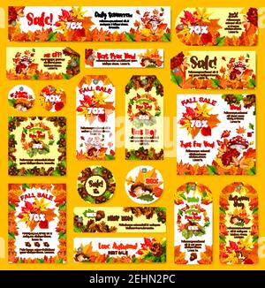 Herbstangebot Preis off Tag, Shop Web-Banner oder Broschüre und Shop Poster Vorlagen mit 30, 50 und 70 Prozent Rabatt. Vector Set von Herbst ma Stock Vektor