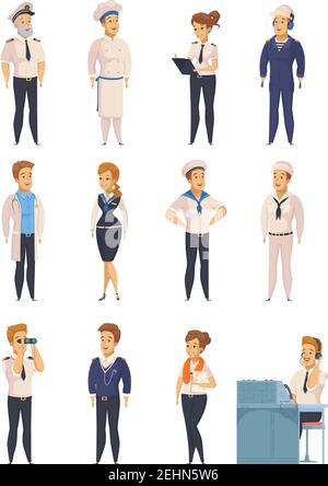 Yacht Schiff Kreuzfahrt Liner Crew Charaktere Cartoon-Symbole mit gesetzt kapitän Koch Stewardess Seemann isoliert Vektor-Illustration Stock Vektor