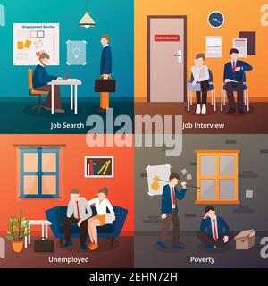 Arbeitslose flache 2x2 Design-Konzept mit gesichtslosen Doodle menschlichen Zeichen der unglücklich entlassenen Büroangestellten Vektor-Illustration Stock Vektor