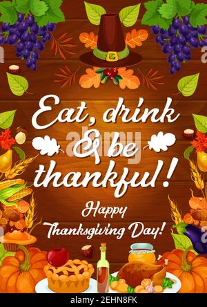 Happy Thanksgiving Tag Grußkarte für Herbstferien. Vector Herbsternte der türkei, Wein oder Kürbis und Obst mit Gemüse und traditionelle App Stock Vektor