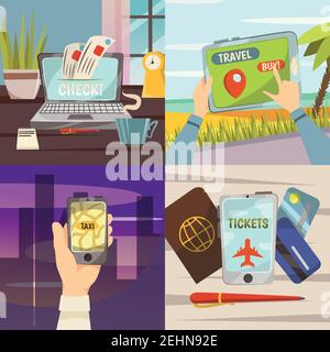 Vier Quadrate Online-Buchung Dienstleistungen Symbol mit get Check gesetzt Online kaufen Reise vor Ort Taxi mit Telefon Vektor Abbildung Stock Vektor