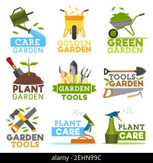 Gartenarbeit und Landwirtschaft Ikonen, Landwirt Werkzeuge. Vector Gartenpflanzen, Gießkanne und Schubkarre mit grünem Blatt, Spatenschaufel und Rechen oder Säge mit Hack Stock Vektor