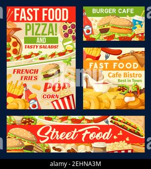 Fastfood-Restaurant-Menüposter und Banner für Street-Food-Mahlzeiten und Snacks. Vector Lieferung für Pizzeria Pizza, Cheeseburger und Hamburger oder heiß Stock Vektor