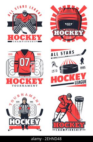 Eishockey Sport Spiel Vektor-Symbole und Symbole. Spieler in Uniform auf Schlittschuhe, Pucks und Stöcken, Schutzmasken und Helm. Profi-Liga-Tour Stock Vektor
