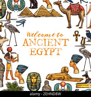 Willkommen zum alten Ägypten Reise Poster. Pharaonen, ankh und Ra gott, Kleopatra Kopf und Sphinx, große Pyramiden und Kamel, goldenes Kreuz und Storch, Tutank Stock Vektor