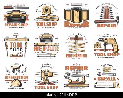 Reparaturarbeiten Werkzeuge und Zimmerei oder Engineering Service Symbole. Vector Set Arbeitsschutz Helm, Schraubenschlüssel oder Schraubenschlüssel und Hammer, Pinsel und Holzarbeiten Stock Vektor