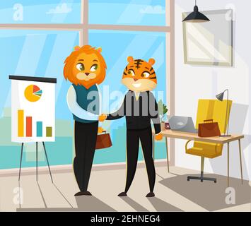 Business Tiere Poster mit Katze und Tiger schütteln die Hände nach Die abgeschlossene Deal Vektor-Illustration Stock Vektor