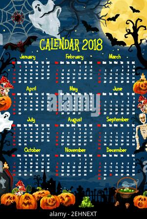 Halloween Kalender mit Horrorurlaub Kürbis und Geist. 2018 Jahre Kalendervorlage, gerahmt mit Halloween Laterne, Fledermaus und Mond, Spinnennetz, Zement Stock Vektor