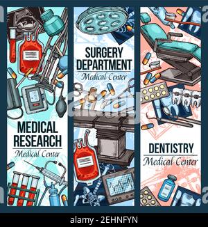 Medizinisches Forschungszentrum, Zahnmedizin und Chirurgie oder Behandlungstherapie. Vector Kardiologie, Orthopädie und Augenheilkunde Medizin Pillen, Röntgen oder Kardiogen Stock Vektor