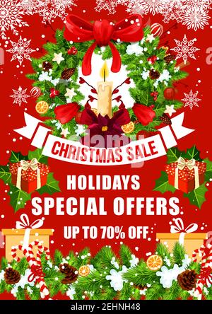 Weihnachten Winter Urlaub Verkauf Sonderangebot Poster mit Weihnachtsgeschenk und Kranz. Holy Beere und Tannenzweig mit roter Schleife, Schneeflocke und Geschenk, Kerze, Stock Vektor