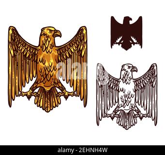 Gotischer Adler Skizze Ikone des heraldischen goldenen Grips mit Schnabel, ausgebreiteten Flügeln und Krallen. Vektor Vintage gryphon Geier mystische Vogel Silhouette für Royal Stock Vektor