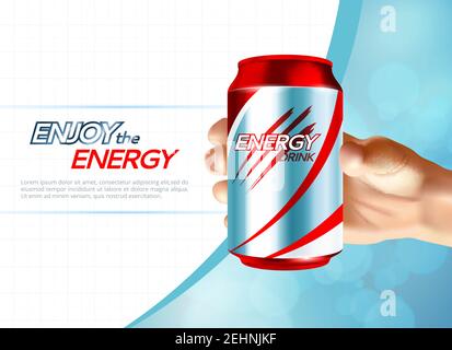 Farbiges Metall kann Poster mit genießen Sie die Energie Beschreibung Hand Und Hand hält eine Flasche Vektor-Illustration Stock Vektor
