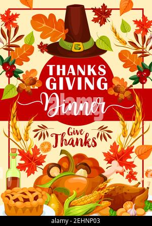 Thanksgiving Dinner Einladungskarte mit festlichem Essen im Herbst. Gebratener truthahn, Kürbis und Apfelkuchen Banner im Rahmen der Herbstsaison Blatt, pilgr Stock Vektor