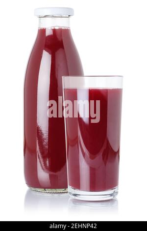 Frische Beeren Smoothie Fruchtsaft trinken Waldbeeren in einem Flasche und Glas isoliert auf weißem Hintergrund Stockfoto