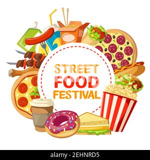 Street Food Festival Werbeplakat mit Fastfood Burger, Sandwiches oder Snacks und Dessert Mahlzeiten. Vektor-Design von Donut, Kaffee oder Soda trinken ein Stock Vektor