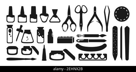 Symbol für Maniküre-Geräte. Schwarze Glyphe Poliernägel, Politur, Feile, Pinzette, Handcreme, Schere, Öl, Zangen. Maniküre Werkzeuge Zeichen Design Elemente Schönheit und Spa Konzept trendy Vektor Stock Vektor