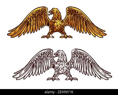 Adler heraldische Ikone, Skizze mittelalterlichen Stil. Griffin mit breiten Flügeln und scharfen Krallen. Vektor mythischen oder legendären Vogel mit goldenem Gefieder, ehrenhaft Stock Vektor