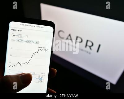 Person hält Smartphone mit Website und Aktienkurs Chart des Modeunternehmens Capri Holdings auf dem Bildschirm mit Logo. Fokus auf der Mitte des Telefondisplays. Stockfoto