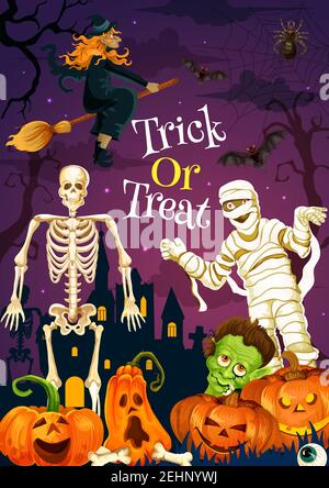 Halloween Grußkarte für Trick or Treat Party Feier. Vektor-Cartoon-Design von Skelett und Zombie-Monster, Hexe auf Besen und gruseligen Kürbis Stock Vektor
