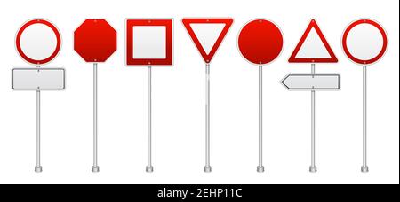 Realistische leere Straßenverkehrsvorschriften und Warnschilder gesetzt einschließlich Stop und verbotende rote isolierte Vektordarstellung Stock Vektor