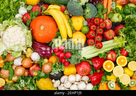 Lebensmittel Hintergrund Obst und Gemüse Sammlung Äpfel Orangen Tomaten Obst Gemüsehintergründe Stockfoto