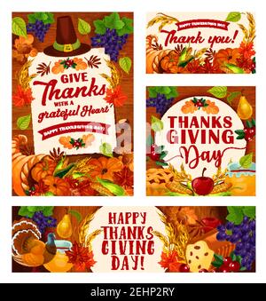 Danksagungsgrusskarten oder Plakate zur Feiertagsfeier. Vektor-Design von Kürbis mit Früchten Ernte in Füllhorn und Herbst Ahornblatt mit Stock Vektor