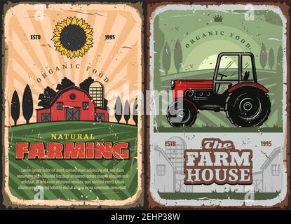 Bauernhof Haus und Traktor Retro Poster für Landwirtschaft und Landwirtschaft Industrie. vector Vintage-Design von Landwirt Getreidescheune und Ackerfeld mit Weizen und r Stock Vektor
