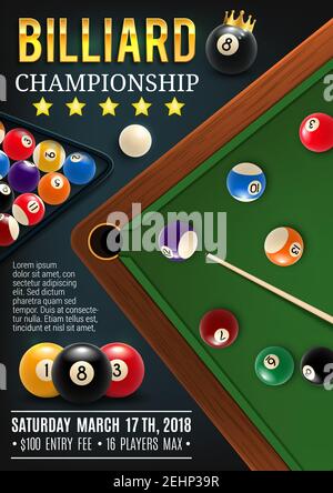 Pool Billard Sport Meisterschaft Ankündigungsplakat. Farbkugeln mit Zahlen auf grünem Tisch, Loch und Queue. Vector Billard-Turnier, professiona Stock Vektor