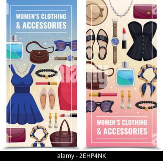 Zwei farbige Frauen Accessoires vertikale Banner-Set mit Damenbekleidung Und Zubehör Vektorgrafik Stock Vektor