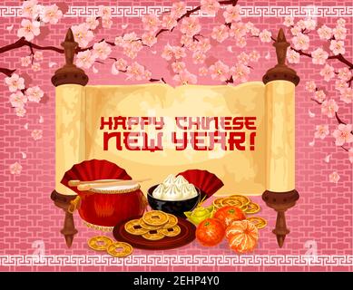 Chinesisches Neujahrsgruß Banner der orientalischen Feiertag traditionelle Symbole. Pergamentrolle mit festlichem Essen, Goldbarren und Frühlingsfest Trommel, luc Stock Vektor